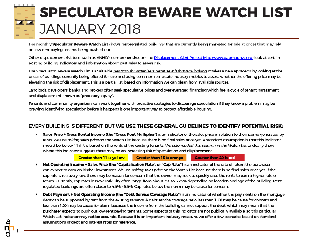 Speculator Beware Watch List January 2018