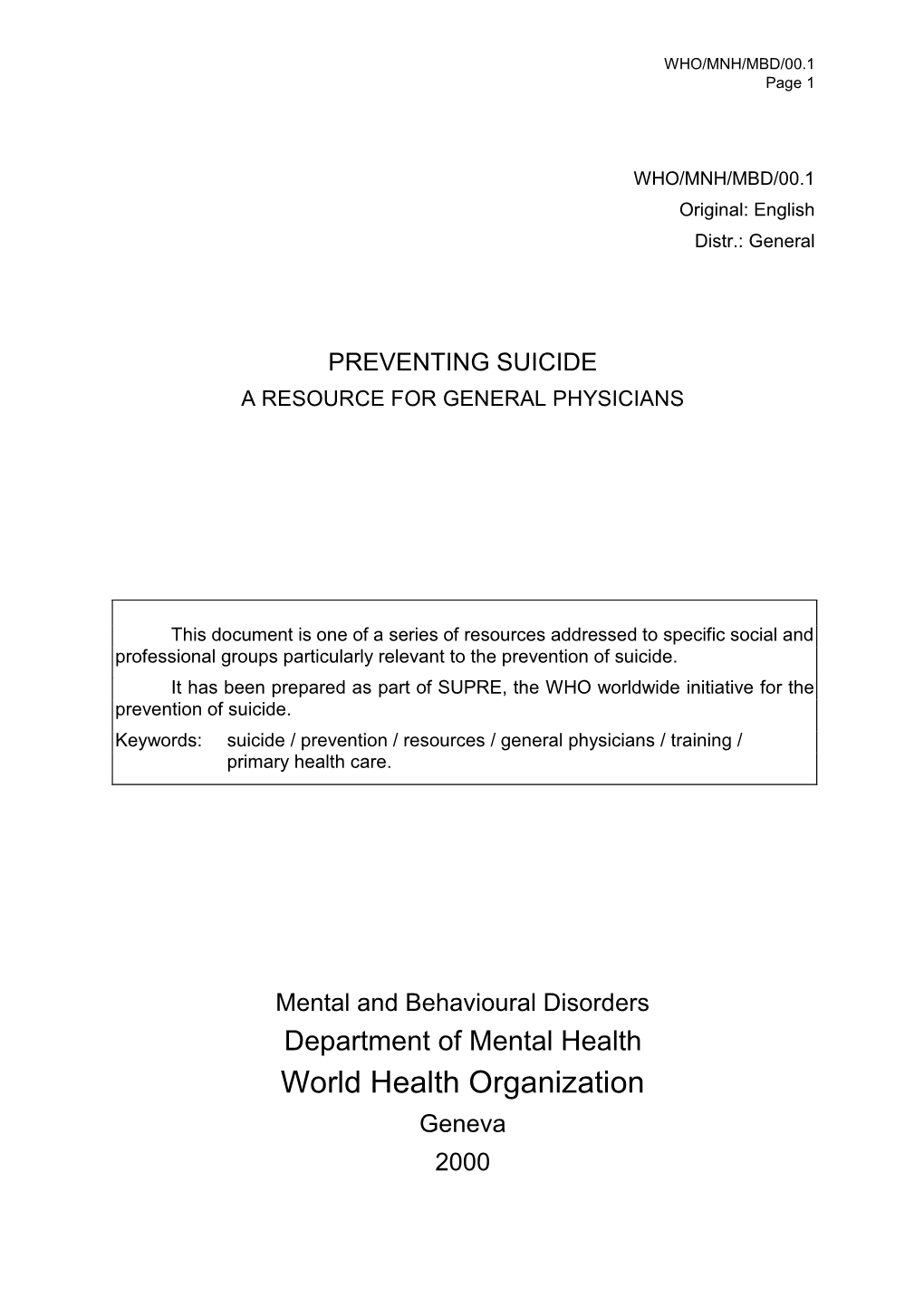 Preventing Suicide a Resource for General Physicians