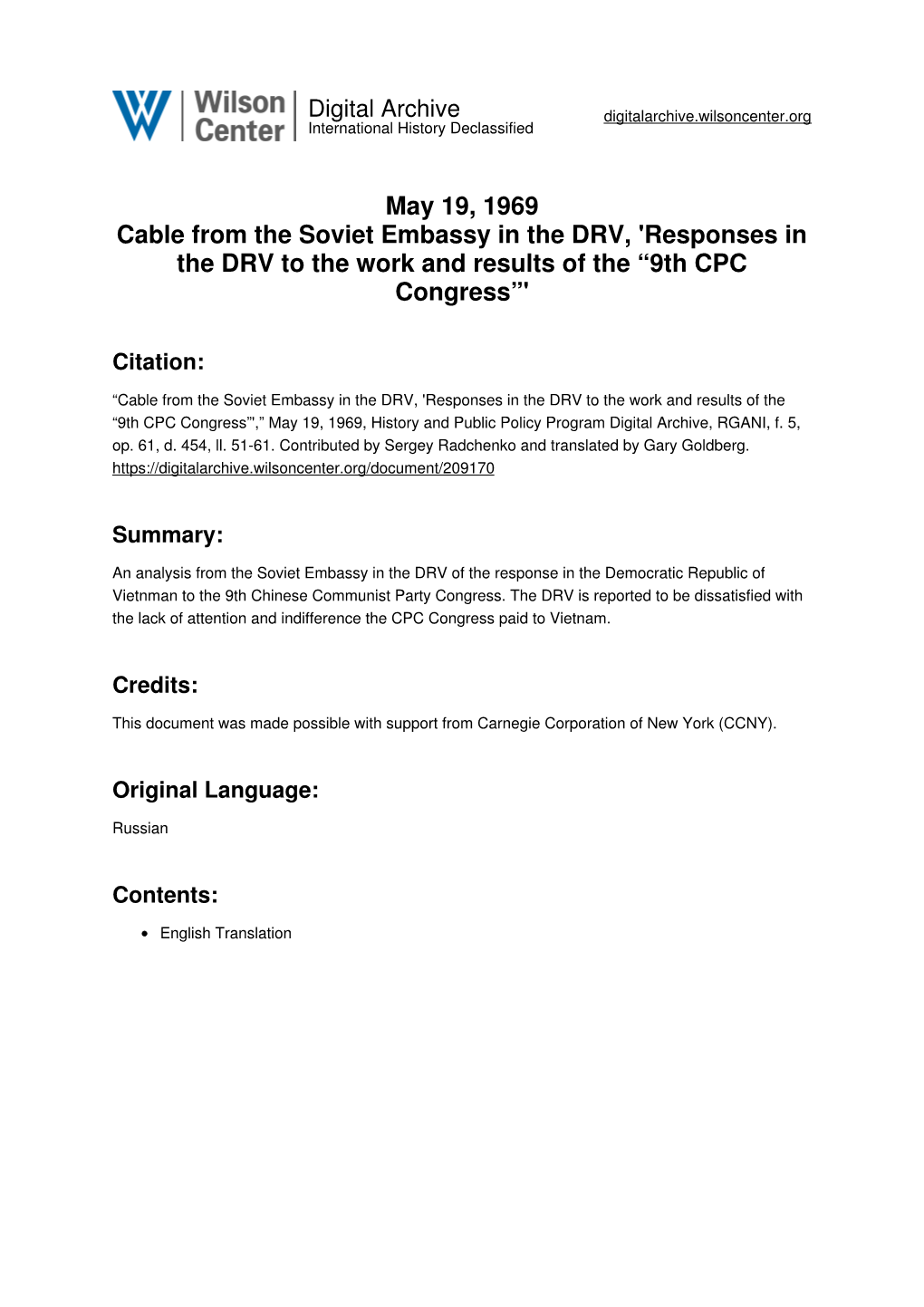 May 19, 1969 Cable from the Soviet Embassy in the DRV, 'Responses in the DRV to the Work and Results of the “9Th CPC Congress”'