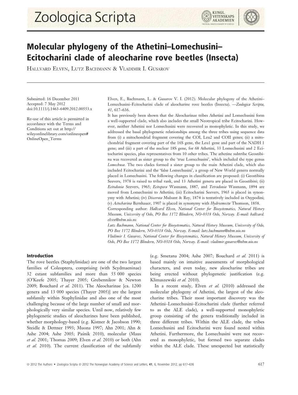 Ecitocharini Clade of Aleocharine Rove Beetles (Insecta)