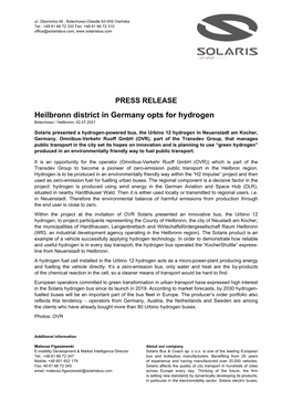 PRESS RELEASE Heilbronn District in Germany Opts for Hydrogen