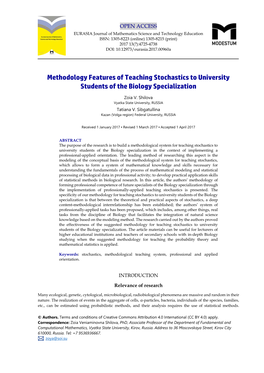 Methodology Features of Teaching Stochastics to University Students of the Biology Specialization