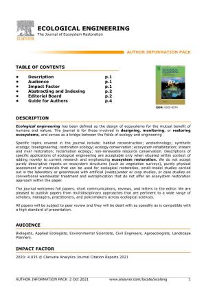ECOLOGICAL ENGINEERING the Journal of Ecosystem Restoration