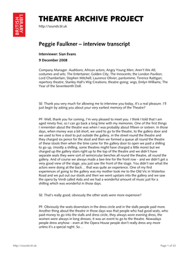 Theatre Archive Project: Interview with Peggie Faulkner