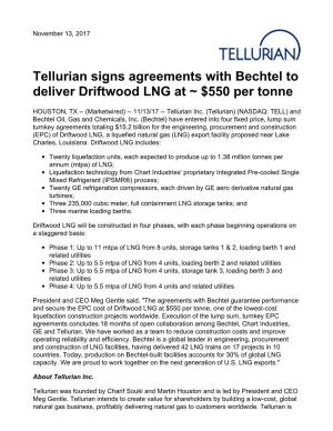 Tellurian Signs Agreements with Bechtel to Deliver Driftwood LNG at ~ $550 Per Tonne