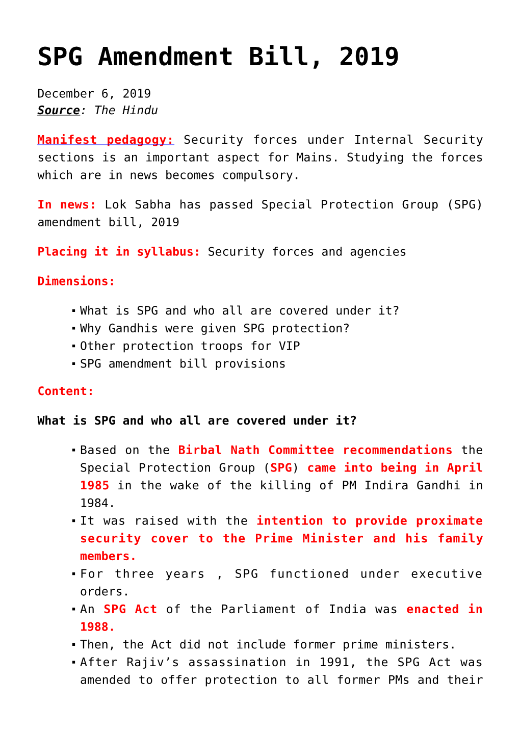 SPG Amendment Bill, 2019