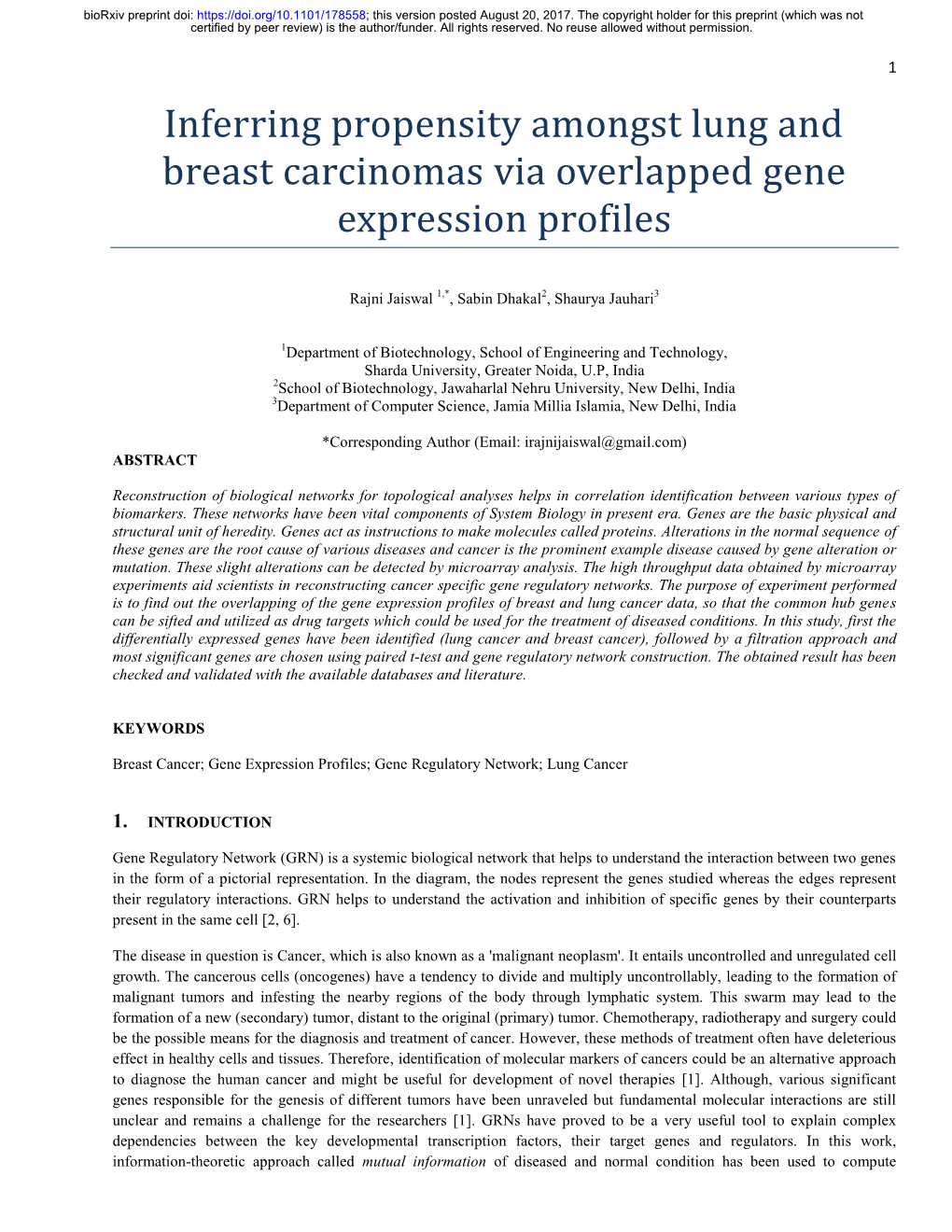 Inferring Propensity Amongst Lung and Breast Carcinomas Via Overlapped Gene Expression Profiles