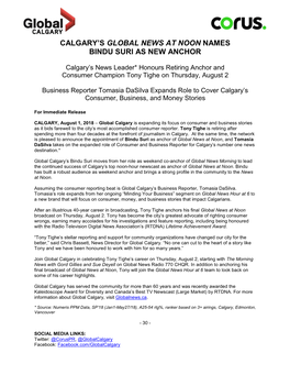 Calgary's Global News at Noon Names Bindu Suri As New Anchor