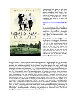This Exceptional Book Relates the Story of the 1913 US Golf Open at Brookline. Apart from Capturing the Start of Golf in America It Is a Story About Humanity