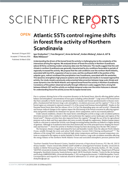 Atlantic Ssts Control Regime Shifts in Forest Fire Activity of Northern