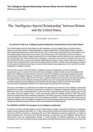 Intelligence Special Relationship’ Between Britain and the United States Written by Jonjo Robb