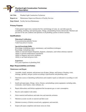 Plumber/Light Construction Technician Job Description