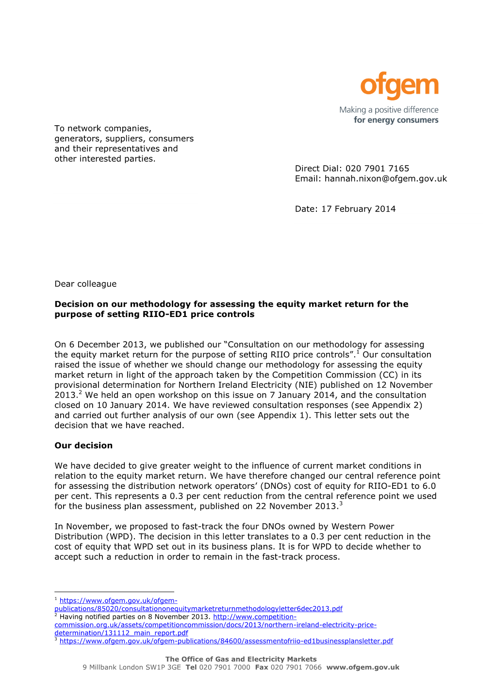 Decision on Our Methodology for Assessing the Equity Market Return for the Purpose of Setting RIIO-ED1 Price Controls