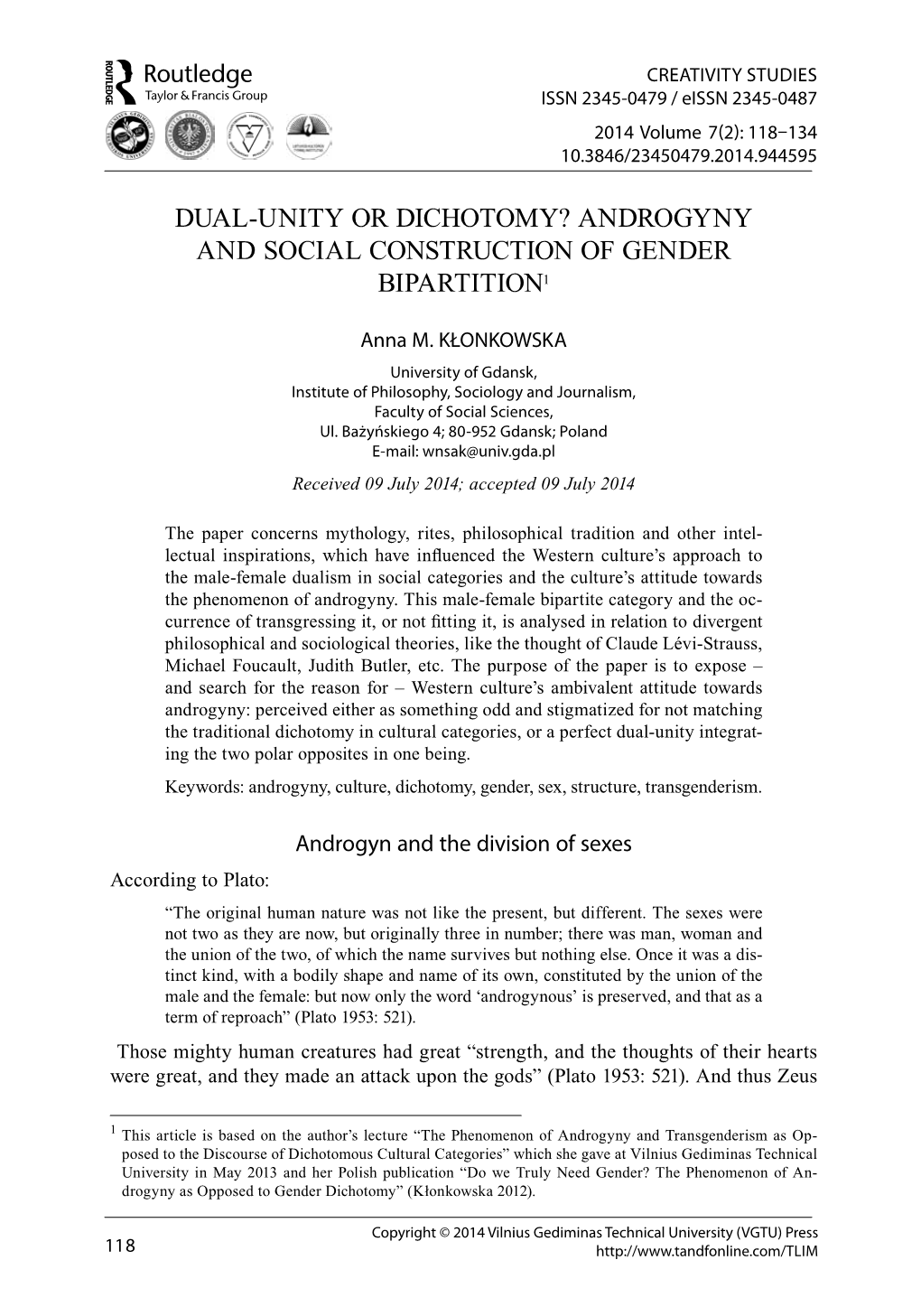 Androgyny and Social Construction of Gender Bipartition1