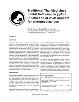 Traditional Thai Medicines Inhibit Helicobacter Pylori in Vitro and in Vivo: Support for Ethnomedical Use