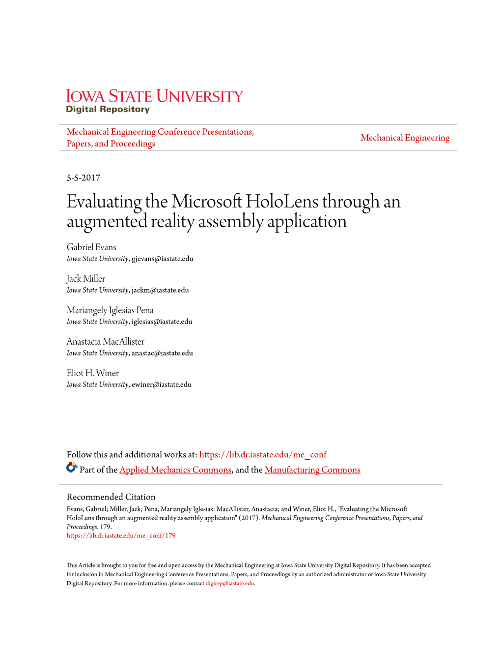 Evaluating the Microsoft Hololens Through an Augmented Reality Assembly Application