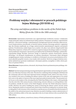 Problemy Wojska I Obronności W Pracach Polskiego Sejmu Walnego (XV-XVIII W.)