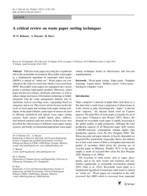 A Critical Review on Waste Paper Sorting Techniques