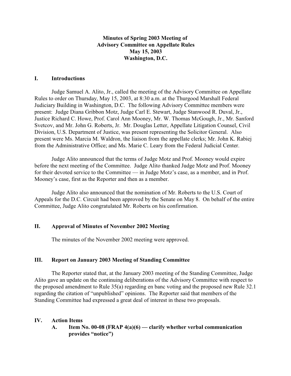 Minutes of Spring 2003 Meeting of Advisory Committee on Appellate Rules May 15, 2003 Washington, D.C