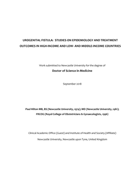 Urogenital Fistula: Studies on Epidemiology and Treatment Outcomes in High-Income and Low- and Middle-Income Countries