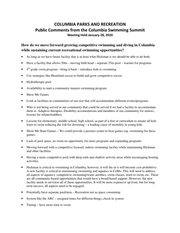 COLUMBIA PARKS and RECREATION Public Comments from the Columbia Swimming Summit Meeting Held January 28, 2020