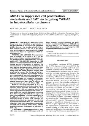 Mir-451A Suppresses Cell Proliferation, Metastasis and EMT Via Targeting YWHAZ in Hepatocellular Carcinoma