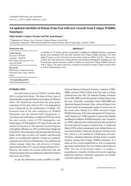 An Updated Checklist of Lichens from Goa with New Records from Cotigao Wildlife Sanctuary Pallavi Randive1, Sanjeeva Nayaka2 and M.K