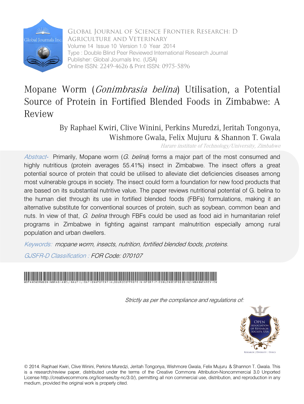 Mopane Worm (Gonimbrasia Belina) Utilisation, a Potentialsource of Protein in Fortified Blended Foods in Zimbabwe: a Review