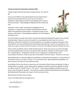 A Pastoral Letter for Passiontide and Easter 2021 “Father, Forgive Them for They Know Not What They Do.” (St