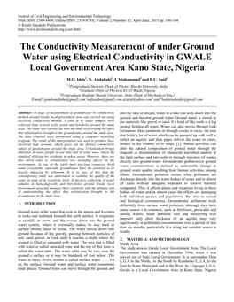 The Conductivity Measurement of Under Ground Water Using Electrical Conductivity in GWALE Local Government Area Kano State, Nigeria