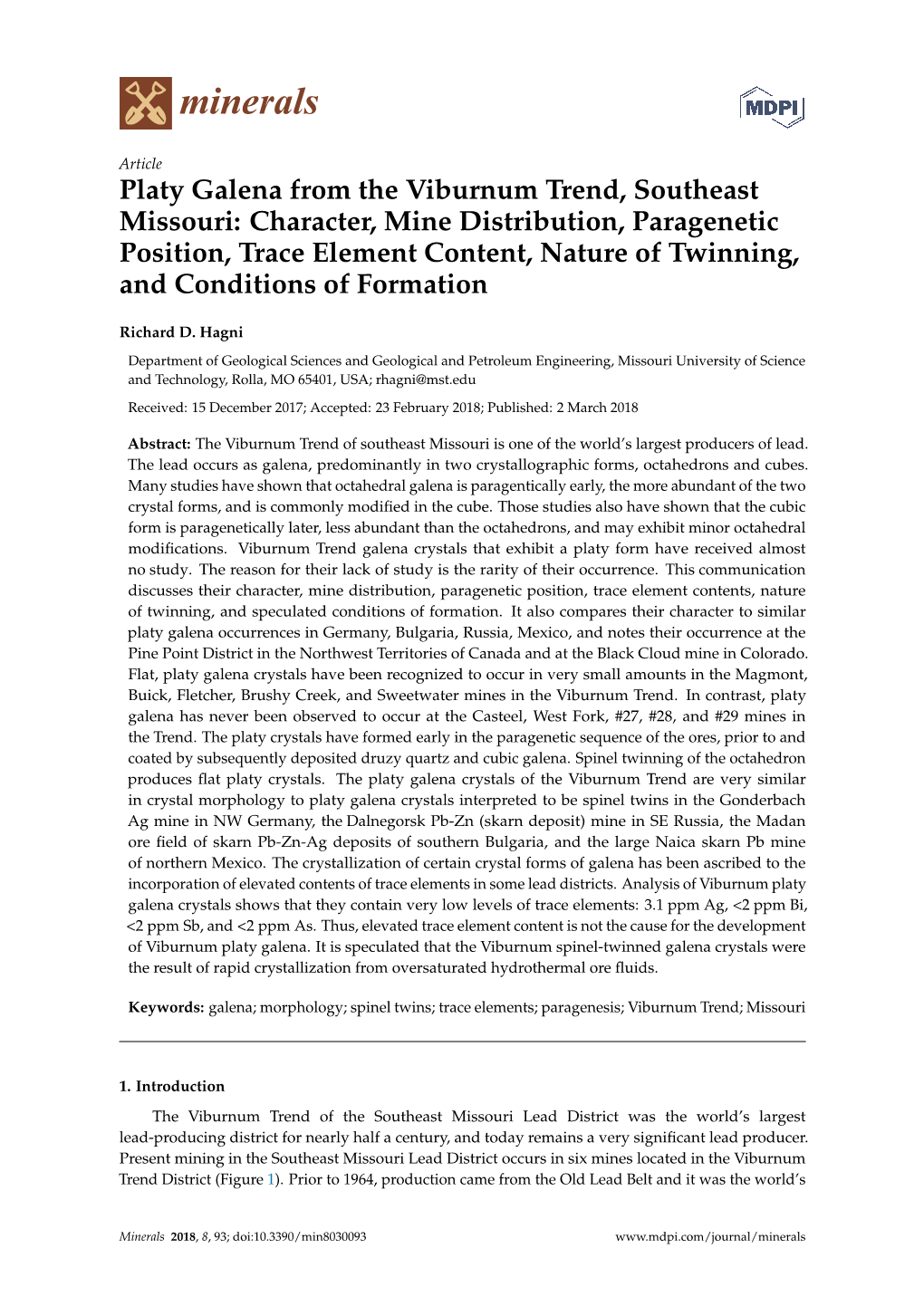 Platy Galena from the Viburnum Trend, Southeast Missouri: Character, Mine Distribution, Paragenetic Position, Trace Element Cont