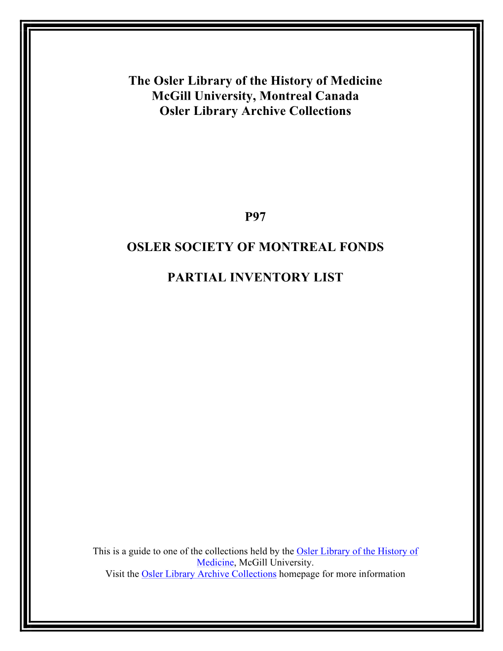 Osler Society of Montreal Fonds, 1921-2010