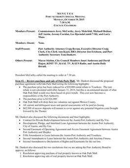 M I N U T E S Port Authority Special Meeting Monday, October 19, 2015 7:30 A.M