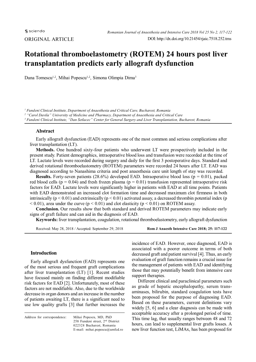 Rotational Thromboelastometry (ROTEM) 24 Hours Post Liver Transplantation Predicts Early Allograft Dysfunction