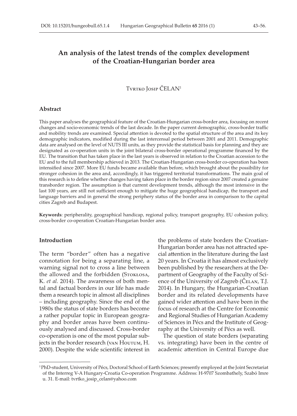 An Analysis of the Latest Trends of the Complex Development of the Croatian-Hungarian Border Area