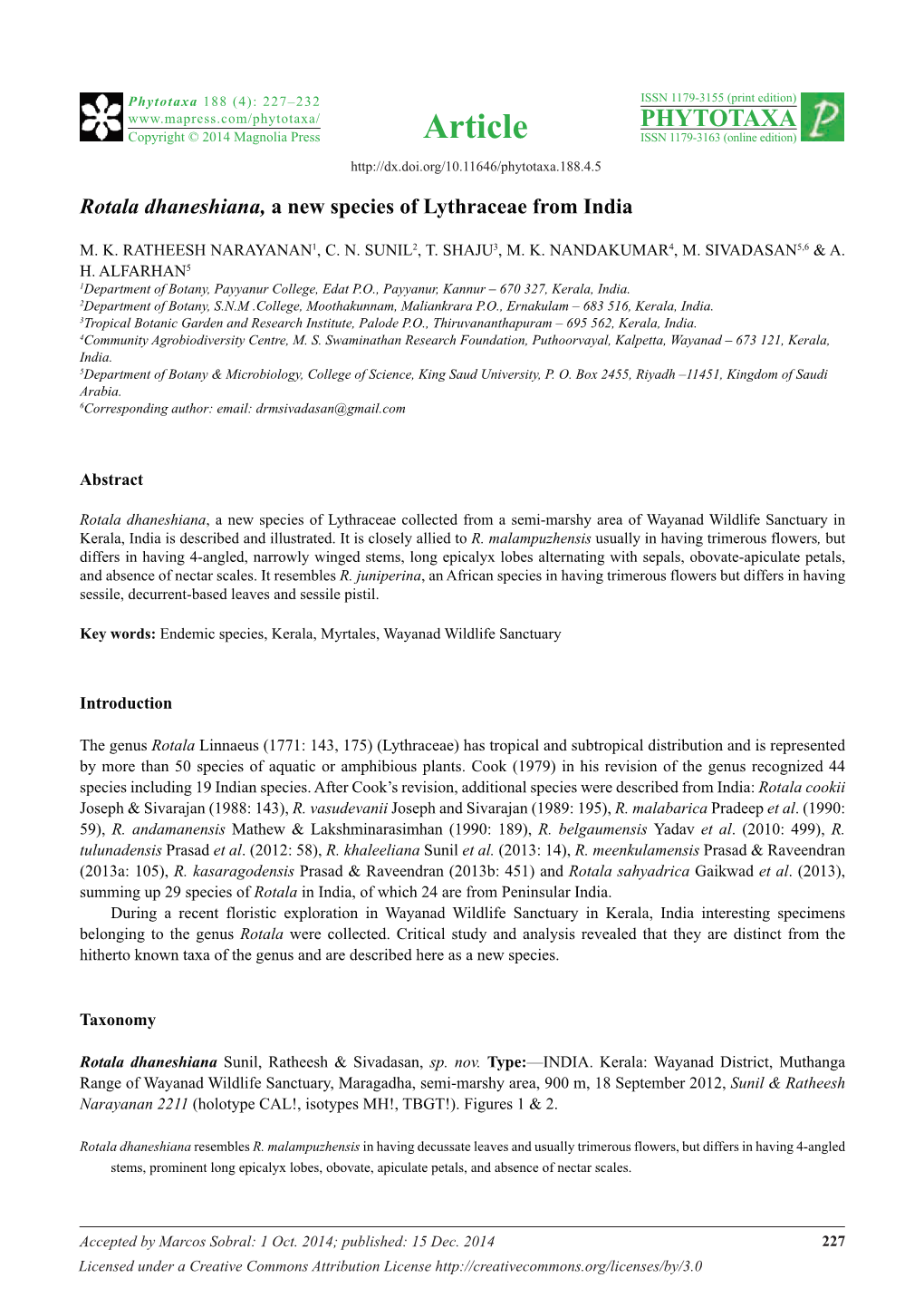 Rotala Dhaneshiana, a New Species of Lythraceae from India