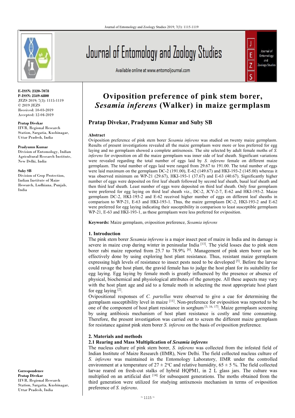 Oviposition Preference of Pink Stem Borer, Sesamia Inferens (Walker) in Maize Germplasm