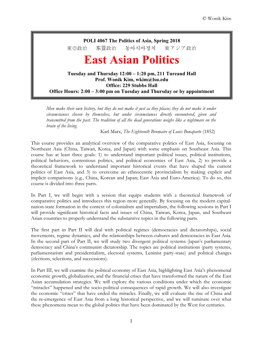 POLI 4067: Comparative Politics of East Asia, Fall 2007