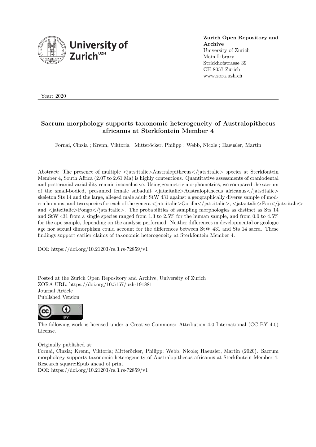 Sacrum Morphology Supports Taxonomic Heterogeneity of Australopithecus Africanus at Sterkfontein Member 4