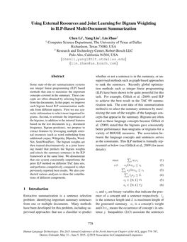 Using External Resources and Joint Learning for Bigram Weighting in ILP-Based Multi-Document Summarization