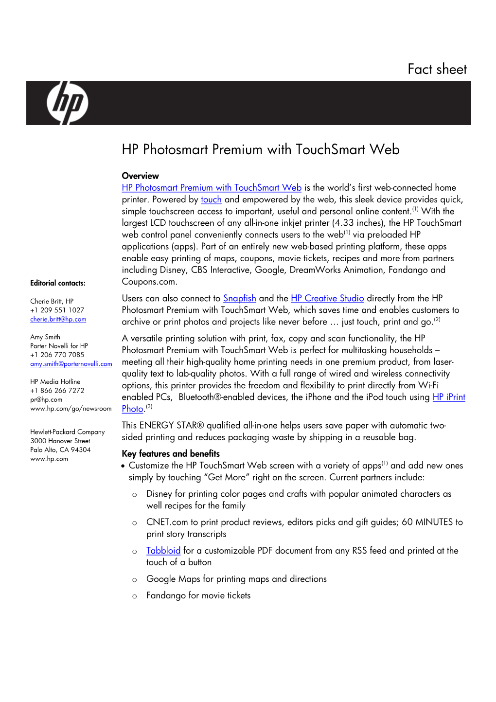 Fact Sheet HP Photosmart Premium with Touchsmart