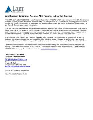 Lam Research Corporation Appoints Abhi Talwalkar to Board of Directors
