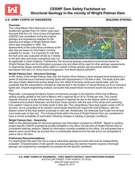 CESWF Dam Safety Factsheet on Structural Geology in the Vicinity of Wright Patman Dam