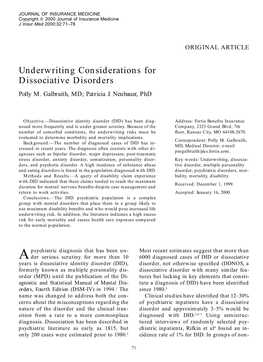 Underwriting Considerations for Dissociative Disorders Polly M