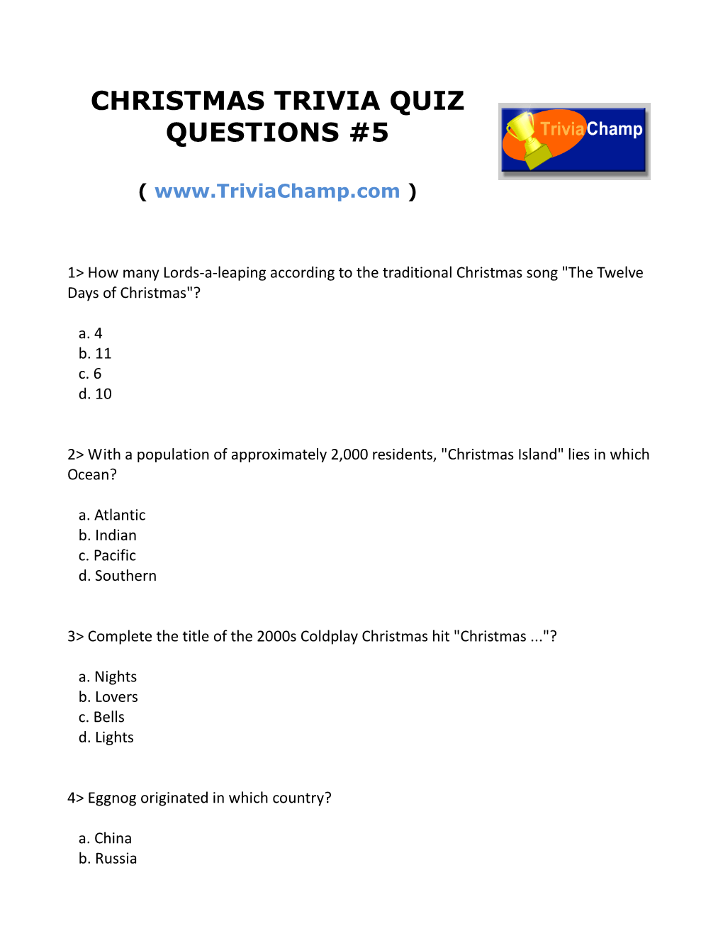 Christmas Trivia Quiz Questions #5