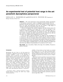 An Experimental Test of Potential Host Range in the Ant Parasitoid Apocephalus Paraponerae