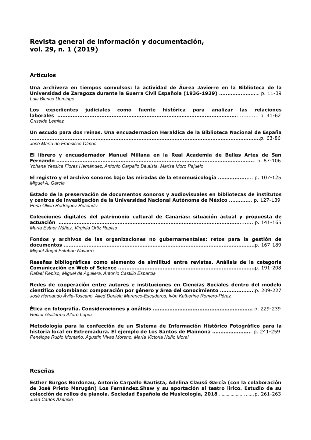 Revista General De Información Y Documentación, Vol. 29, N. 1 (2019)