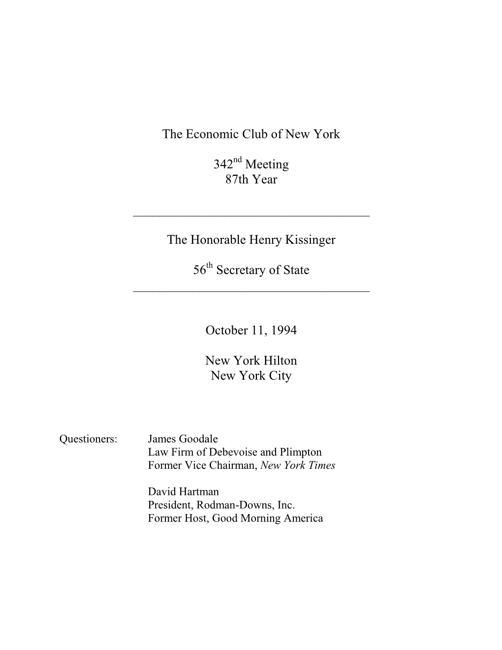 The Economic Club of New York 342 Meeting 87Th Year The