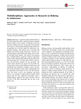 Multidisciplinary Approaches to Research on Bullying in Adolescence
