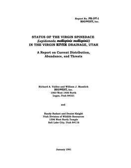 STATUS of the VIRGIN SPINEDACE (Lepidomeda Mollispinis Mollispinis) in the VIRGIN RIVER DRAINAGE, UTAH